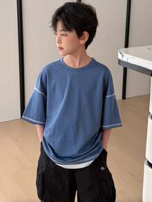 SHEIN 男童休闲水洗色宽松圆领短袖针织T恤，适合上学、花园、海滩、生日、春、夏、秋、冬等各种场合。 - 藍色 - 查看 6