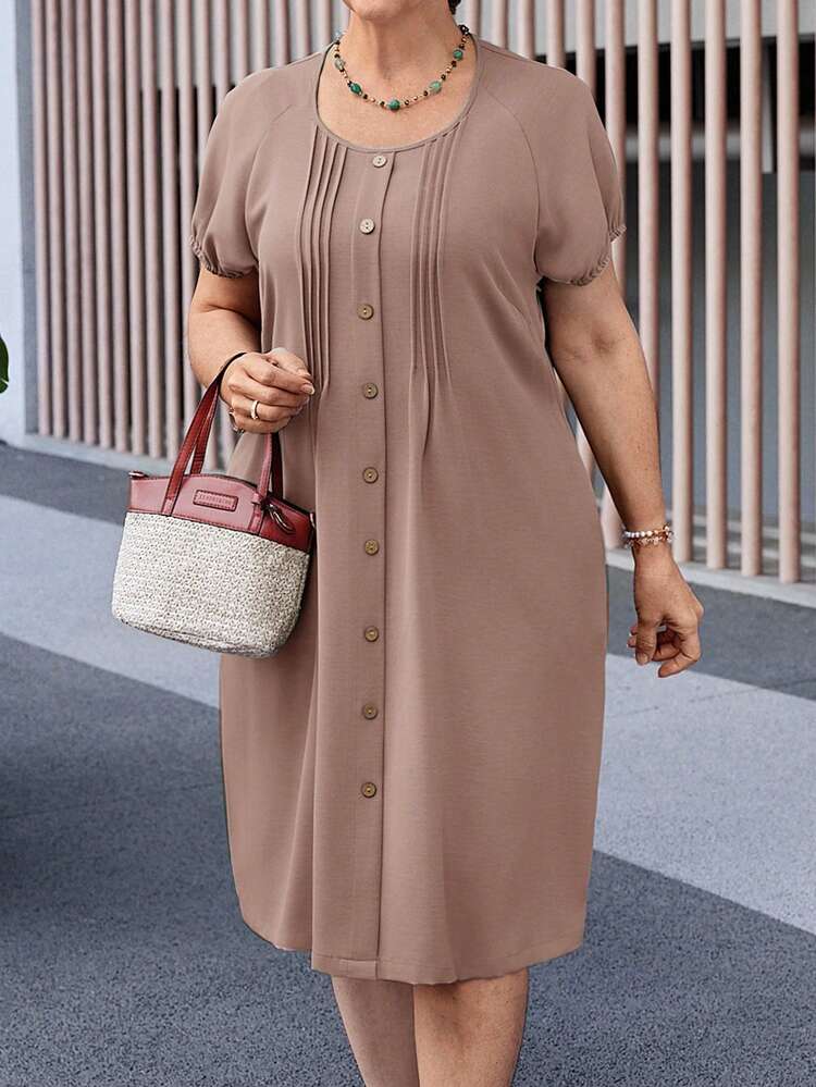 Plus Size Women's Solid Color Minimalist Daily Wear Round Neck Short Sleeve Dress