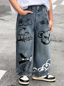 SHEIN Young BoyBear Graffiti Pattern Blue Loose Fit Jeans - Light Wash - View 6