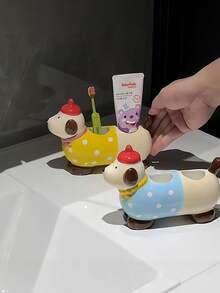 Joivida 创意可爱卡通动物彩色斑点戴帽腊肠犬情侣亲子家庭牙刷架，马桶洗漱台牙刷收纳架创意底座情人节礼物收纳架，可放置电动牙刷，美观大方的牙桥架，适合万圣节、圣诞节、情人节等节日赠送朋友。 - 彩色 - 查看 8