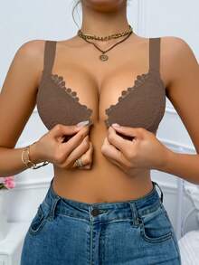 1pc Sexy Front Hook Closure Black Lace Bra, Lift And Support, Adjustable Underwire Bra - Mocha Brown - View 3