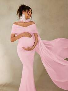 Cheriluna Maternity Váy chụp ảnh bầu, váy dài màu trắng thanh lịch, phù hợp chụp ảnh bầu - Hồng - Xem 5