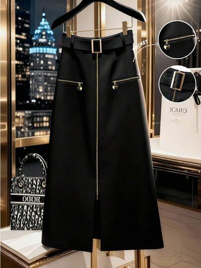 Franclia 黑色金色双拉链口袋优雅女士半身裙