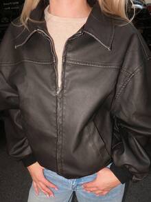 Turnttoni Autumn New Vintage Washed Snow Flake PU Leather Jacket - Black - View 3