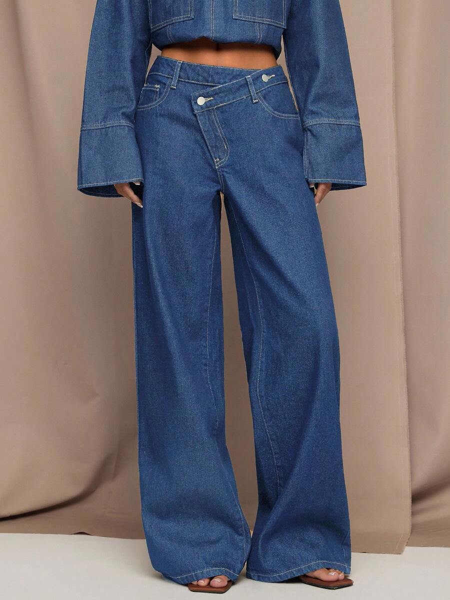 SHEIN BAE Women's Casual Fashion Street Chic Daily Commute Overlap Waist Loose Wide-Leg Jeans - Medium Wash - View 1