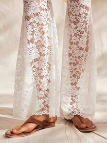 Easelle Vintage Boho Loose Design Embroidered Lace Bodycon Flare Pants For Women Sheer Pants White Flare Pants White Wide Leg Pants - White - View 7