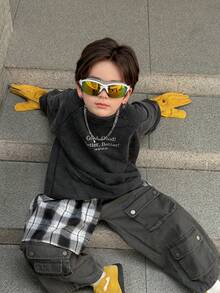 DAZY 幼儿男童休闲宽松字母印花做旧圆领长袖卫衣，秋季款 - 黑色 - 查看 3