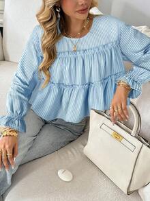 Serisse 女士休闲条纹荷叶边下摆衬衫，秋季 - 藍色 - 查看 7