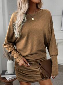 SHEIN LUNE Nuevo vestido básico de moda casual con mangas de murciélago y dobladillo fruncido - Caqui - Ver 4