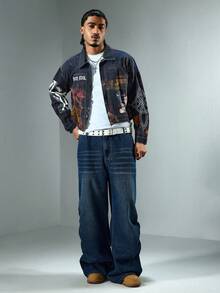 ROMWE MEN Men's Letter Print Long Sleeve Zip Front Denim Jacket - Black - View 3