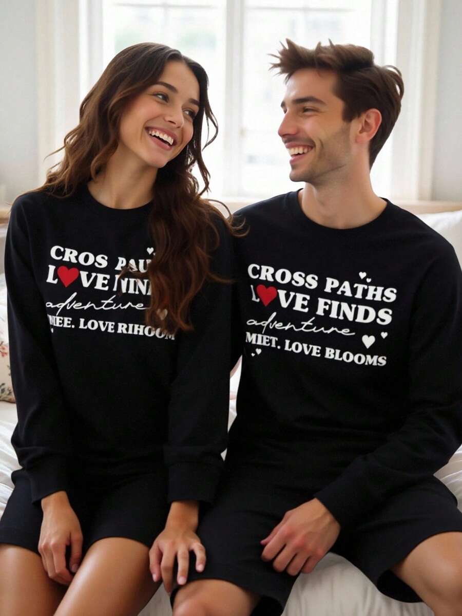 Velminro Men's Casual Crew Neck Long Sleeve Everyday Loungewear Top  Couple Twinning Outfits Love Graphic Shirt