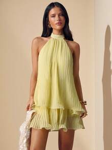 SHEIN BAE Váy ngắn không tay cổ nhún bèo màu trơn dành cho nữ - Vàng nhạt - Xem 4