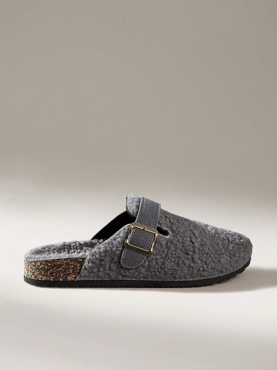 Solecia Dép bít mũi nữ Birkenstocks thiết kế khóa cài, chất liệu giả lông cừu, kiểu dáng thường ngày. - Xám - Xem 1