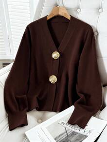 GlowEve CURVE كارديجان أكمام طويلة بأزرار بسيط متعدد الاستخدامات مقاس كبير - قهوة بني - مشاهدة 1