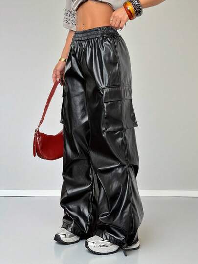SHEIN PETITE Women's Fall/Summer And Summer Streetwear Going Out Y2K Rapper Basic Athleisure Leather Black Cargo Pants Baggy