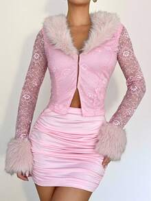 Islaluna Women's 2 Pieces Set, Featuring Faux Fur Collar, Cuffs, Body In Knit Fabric, And Sheer Lace Sleeves And Skirt, Stylish And Sexy Design For Daily Wear, Autumn/Winter Pink Skirt Set Pink Sexy Dress Slay Diva Dress Pink Club Dress Elegant 2 Piece Set Pink Cocktail Dress Pink Lace Dress Pink Ruched Dress Slay Diva Outfit Pink Long Sleeve Top Pink Long Sleeve Dress Pink Mini Skirt Pink Clubwear - Pink - View 4