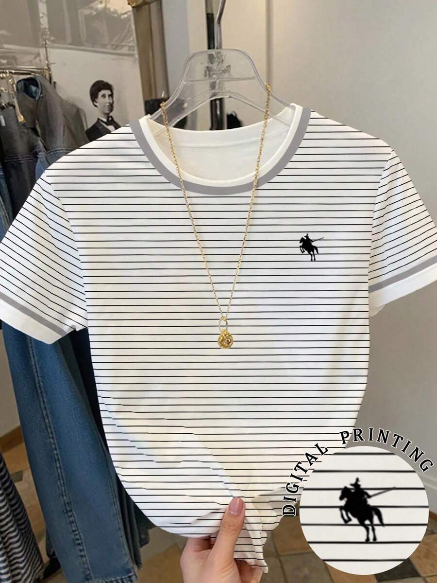 Resyla Women's Casual Striped Print Round Neck Short Sleeve T-Shirt - Multicolor - View 1