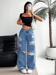 SHEIN ICON 女士带口袋纽扣做旧休闲百搭度假阔腿牛仔裤 - 中等水洗藍 - 查看 2