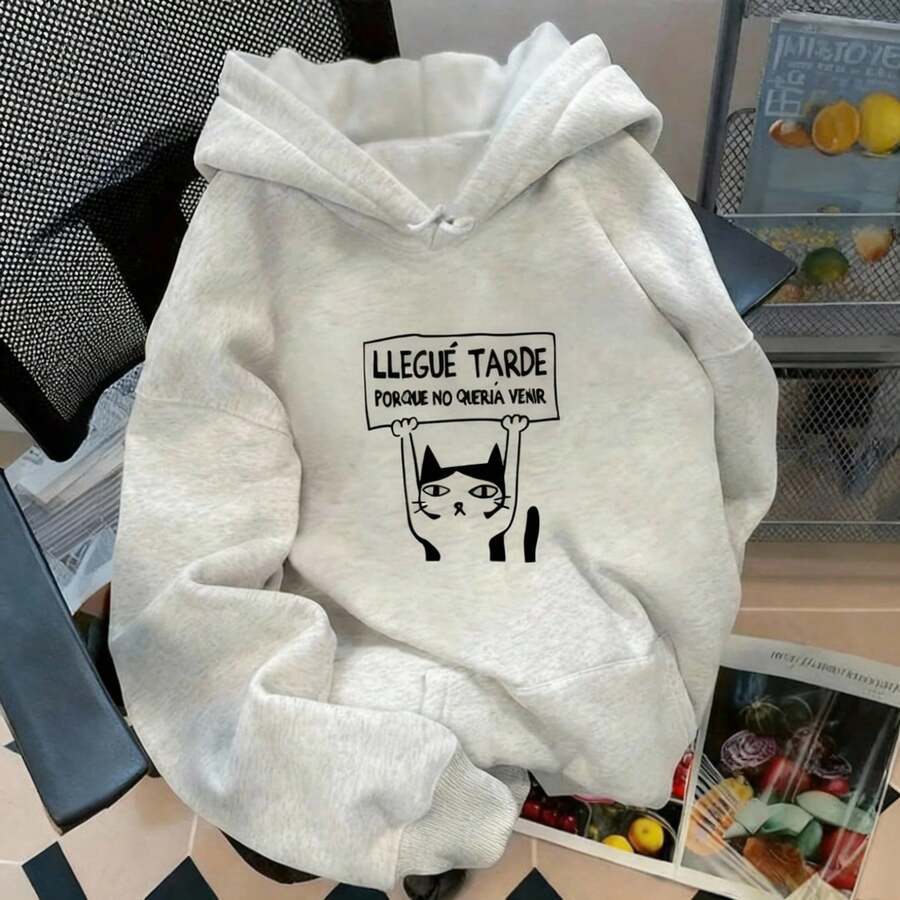 Unisex estampado gato frase divertida estilo urbano casual escuela sudadera - Gris - Ver 1