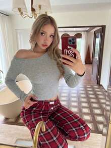 ZzzCrew 两件套女士性感不对称肩长袖上衣和直筒裤睡衣套装，休闲家居服 - 彩色 - 查看 7