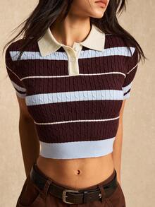 Easelle Áo len nữ dài tay kẻ sọc, lệch vai, thời trang, đa năng. - Nhiều màu - Xem 4