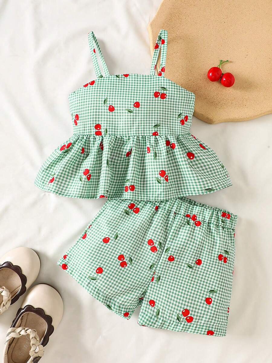 SHEIN Vintaside Kids 2pcs/Set Baby Girl Spring&Summer Vacation Style Cherry&Plaid Printing Slip Top&Shorts