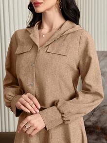 Mulvari 2件套 女士纯色长袖简约外套和宽肩带休闲连衣裙 2件套 - 鏽棕色 - 查看 2