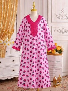 SHEIN Vestido de manga larga con cuello en V y estampado de rosas rosadas en todo el vestido, estilo dulce de vacaciones, para primavera/otoño - Multicolor - Ver 4