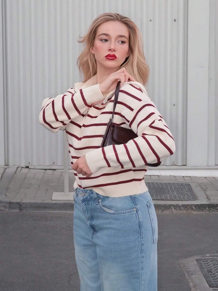 Turnttoni Pulover casual cu dungi, mânecă lungă și fermoar pe jumătate, toamnă
