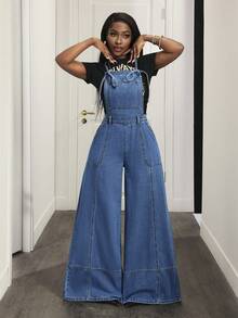 Slaydiva Women's Summer Casual Loose Pocket Wide Leg Denim Bib Pants Denim Jumpsuits For Woman Denim Overalls Jean Overalls Wide Leg Denim Jumpsuit - Khaki - View 5
