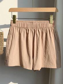 SHEIN EZwear 女士春季时尚纯色杏色弹力腰短裤