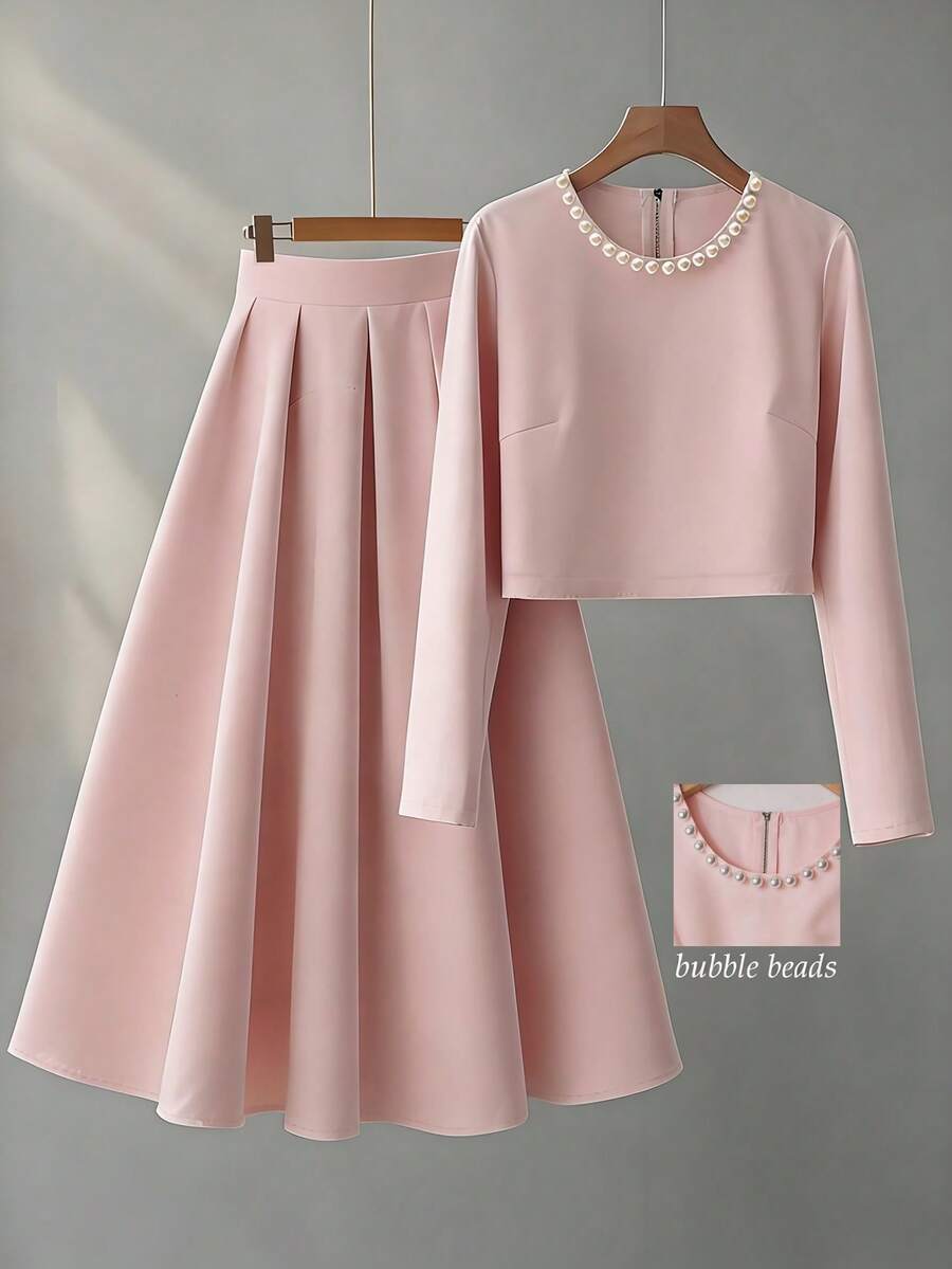 Franclia Women's Elegant Elegant Office Commute Minimalist Solid Color Faux Pearl Decor Long Sleeve Top And A-Line Hem Skirt Set, Spring/Autumn - Dusty Pink - View 1