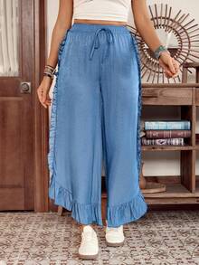 Women's Western Casual Blue Denim Effect Ruffle Hem Wide Leg Pants, LanaWest - Blue - View 7