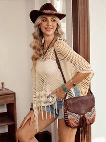 SHEIN LilyWest Women's Vacation Style Hollow Out Tassel Loose Shawl Poncho - Khaki - View 3