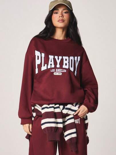 Missguided x Playboy Oversized Pullover Sweatshirt With Front Print Los Angeles Vintage Style Long Sleeve Crew Neck Casual Comfort Fall Winter