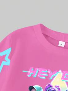 SHEIN 2pcs/Set Young Girl Light Pink K-POP Girl Group Letter Star Print Long Sleeve Sweatshirt And Leggings Back-To-School School Autumn Outfit - Multicolor - View 4