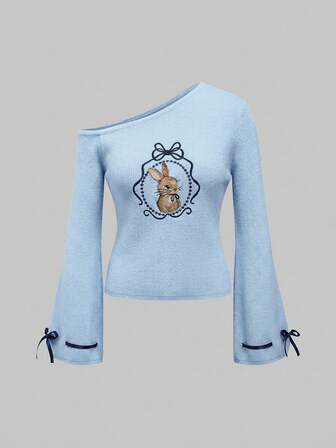 Kawaii Maglione sexy con spalla asimmetrica, fiocco e ricamo di coniglio