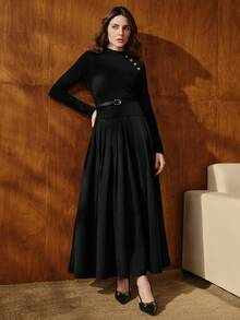 Anewsta Elegant Knit Patchwork Belted Maxi Dress With Flared Hem, Long Sleeve Round Neck, Autumn/Winter, Suitable For Formal, Party, Work, Wedding, Christmas, New Year