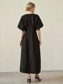MOTF PREMIUM SWEETHEART NECK CINCHED WAIST LANTERN SLEEVE A-LINE MID-LENGTH DRESS, VERSATILE FOR EVERYDAY WEAR - Black - View 3