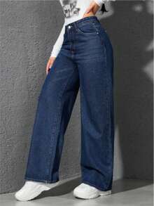 Jeans Mezclilla Casual De Pierna Ancha Para Mujer Pantalón - Azul lavado oscuro - Ver 6