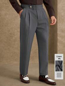 Core Aspect Pantalones de lino de unicolor para hombre con doble pliegue y presillas para cinturón, pantalones rectos de pierna casual de negocios y cortos - Gris - Ver 6