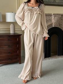 DAZY Ruffled Layered Women Pajama Set - Apricot - View 5