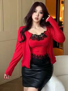 Vibekara 两件套蕾丝边性感V领吊带背心和长袖上衣，轻薄透气，适合春秋季穿着 - 紅色 - 查看 8