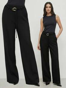 Briarwyn Calça feminina elegante, ampla, de cor sólida, com bolsos e pernas largas. - Preto - Ver 1