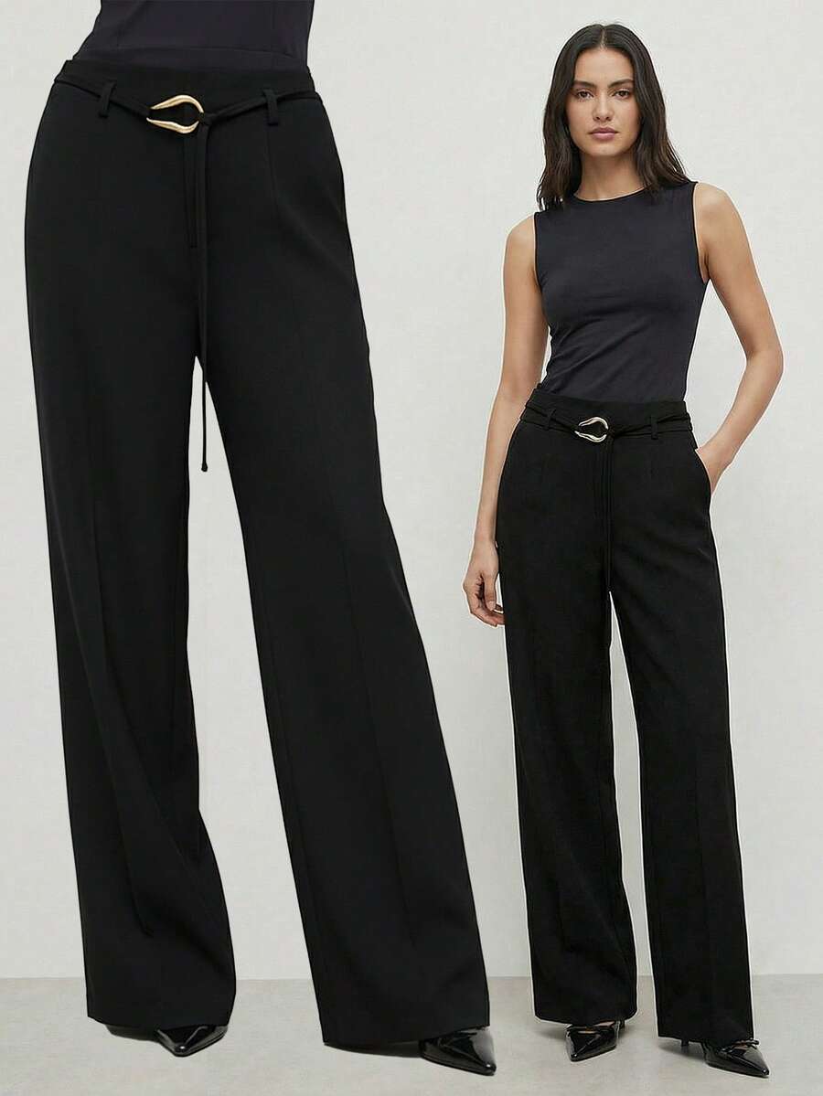 Briarwyn Calça feminina elegante, ampla, de cor sólida, com bolsos e pernas largas. - Preto - Ver 1