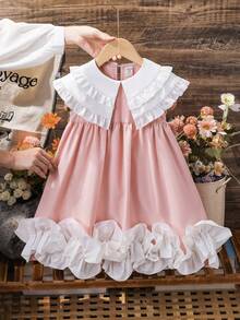 SHEIN Young Girl Woven Contrast Color Ruffle Hem Loose Dress,Suitable For Spring And Summer - Pink - View 4