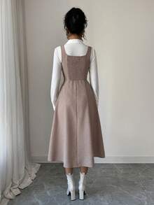 SHEIN Elenzya 2pcs/Set Women Square Neck Sleeveless Dress With Waist Cinching Shirt - Coffee Brown - View 2