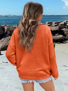 Chiquease 美国国旗图案落肩毛衣，针织套头衫，秋冬款 - 橘色 - 查看 2