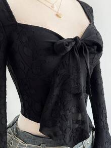 Elamini 女士长袖网眼T恤，心形领口，正面褶皱设计，带蝴蝶结领口