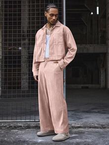 PAVTROS Bộ đồ nam thường ngày gồm áo sơ mi cổ ngắn và quần ống rộng. - Hồng - Xem 1